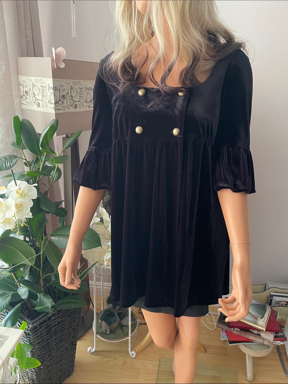 Velvet Black Button-Front Empire Waist Dress